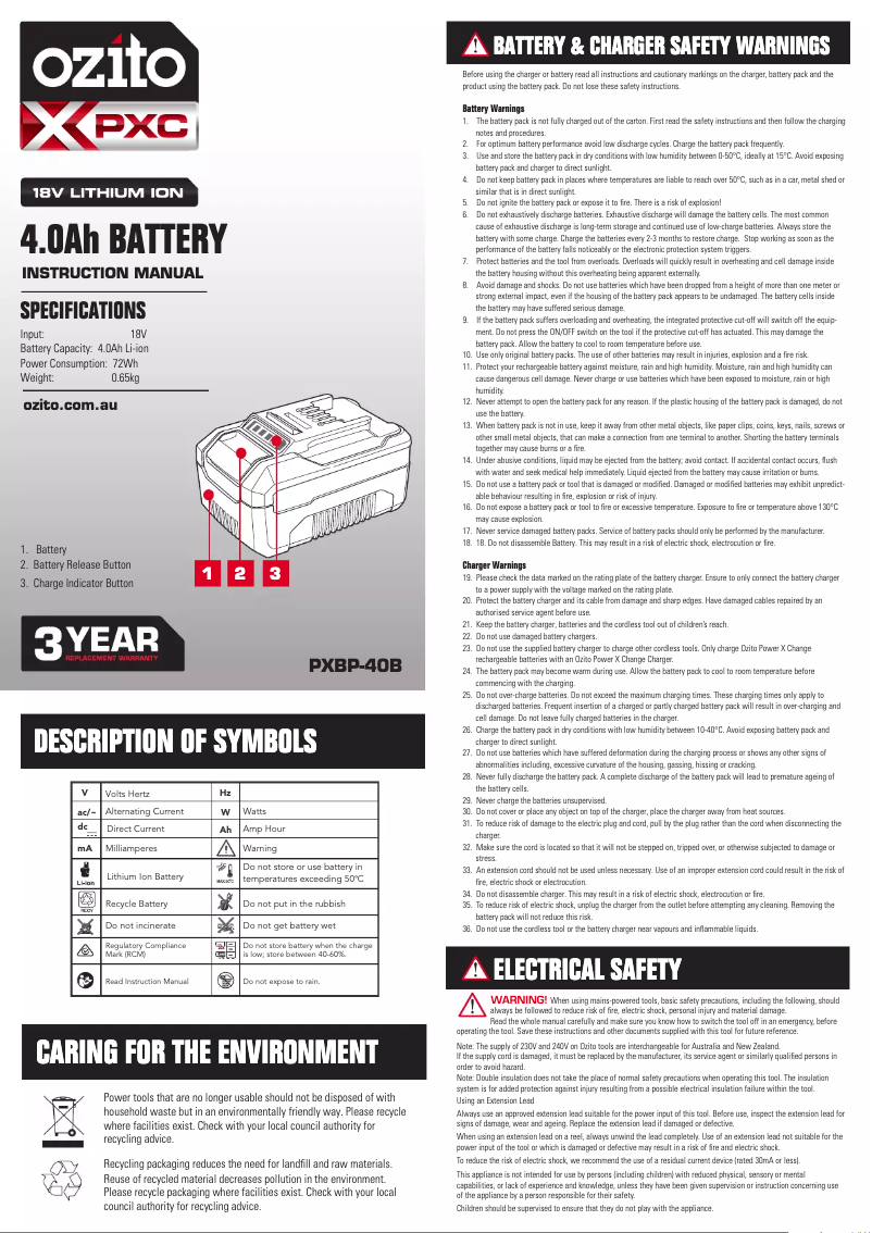Page 1 de la notice Manuel utilisateur Ozito PXBP-40B