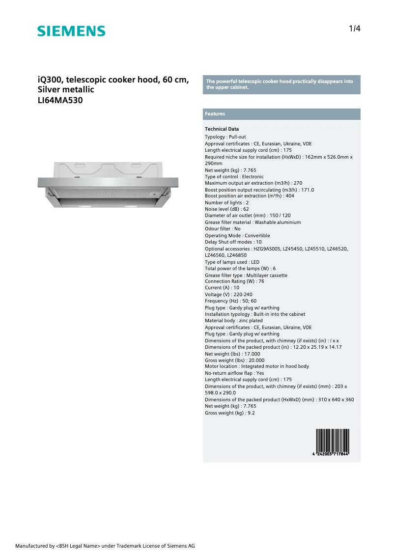 Page 1 de la notice Fiche technique Siemens iQ300 LI64MA530