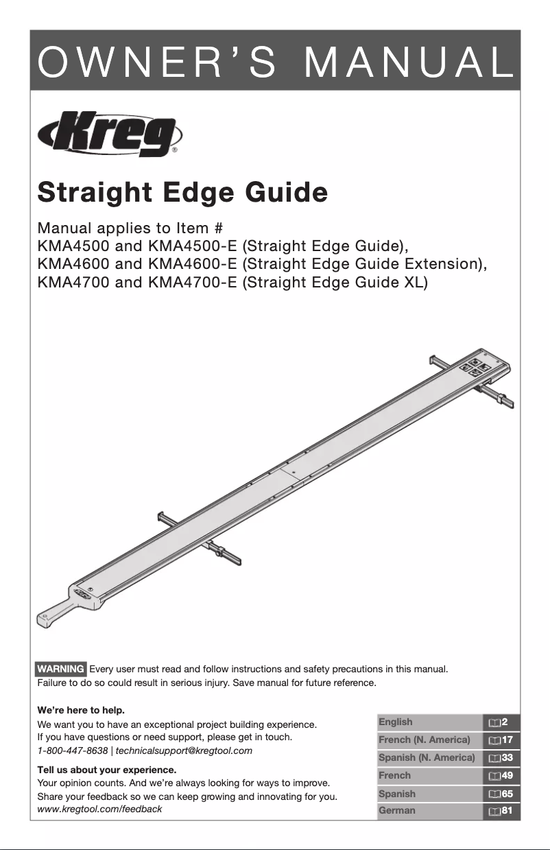 Page n°1 - Manuel utilisateur Kreg Straight Edge Guide