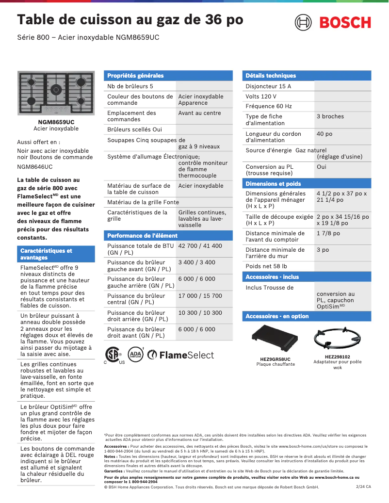 Page 1 de la notice Fiche technique Bosch SGX78C55UC
