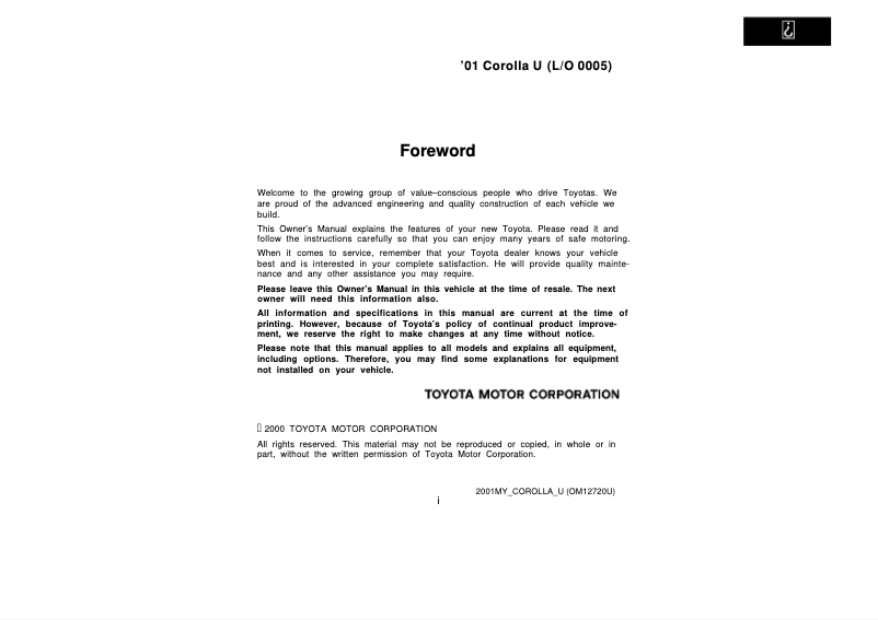 Page 1 de la notice Manuel utilisateur Toyota Corolla (2001)