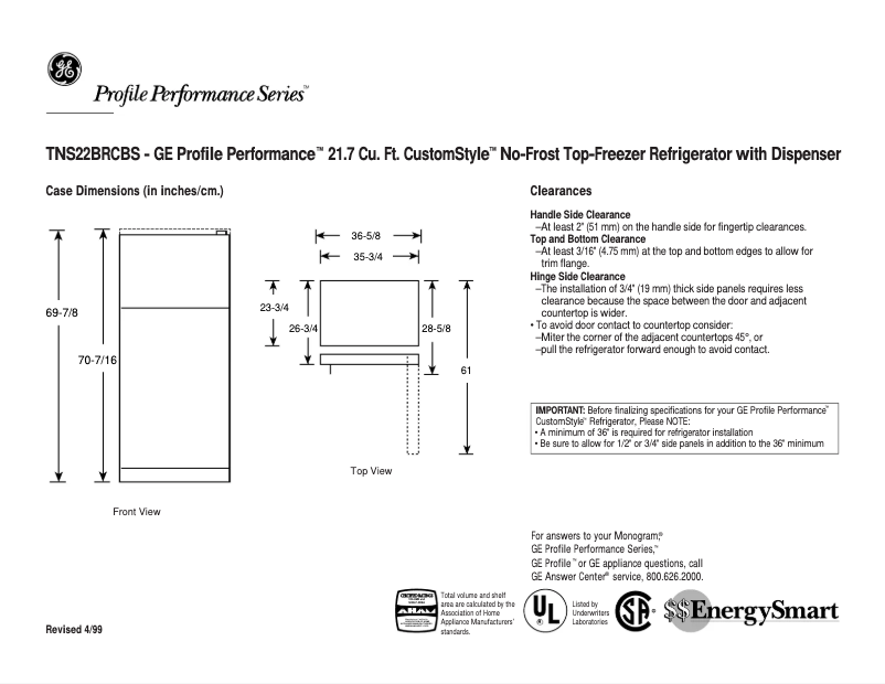 Page n°1 - Fiche technique GE Profile Performance TNS22BRCRBS
