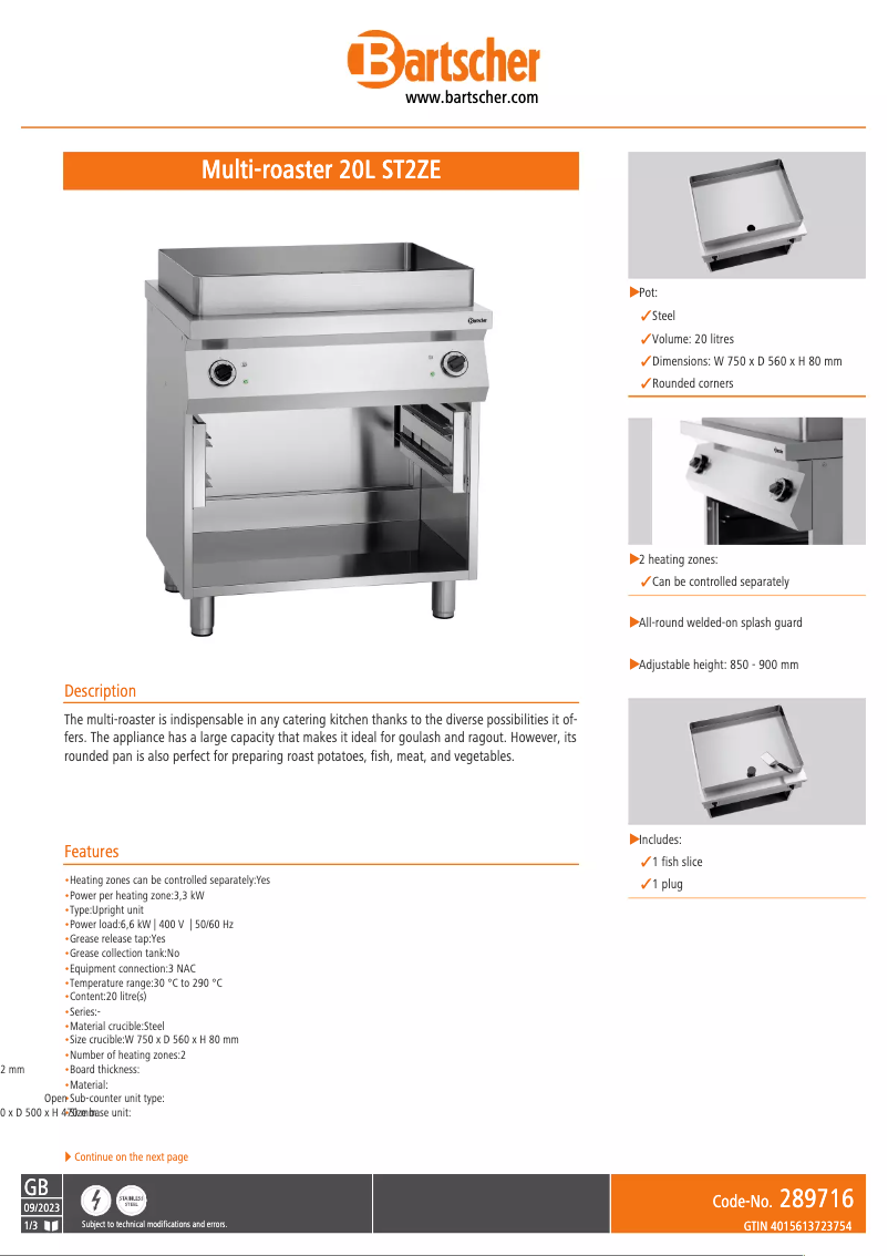 Page n°1 - Fiche technique Bartscher 20L ST2ZE