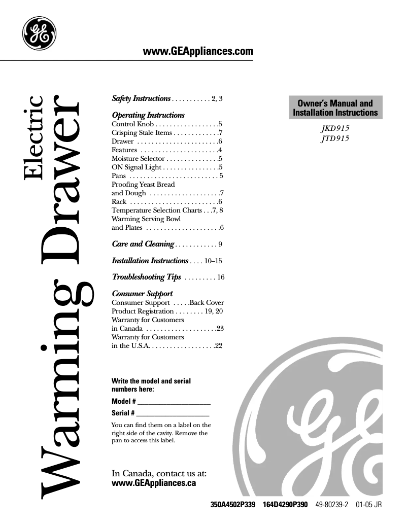 Page n°1 - Manuel d'utilisation et d'entretien GE Profile JTD915WFWW