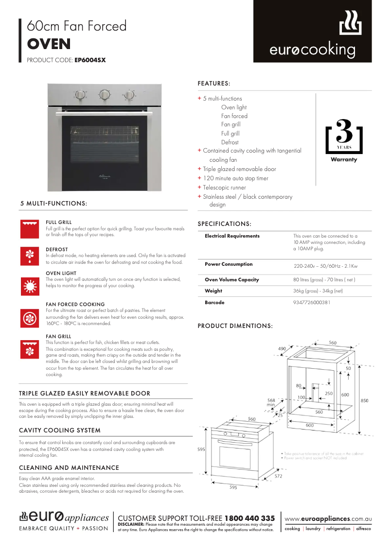 Page n°1 - Fiche technique Euro Appliances EP6004SX