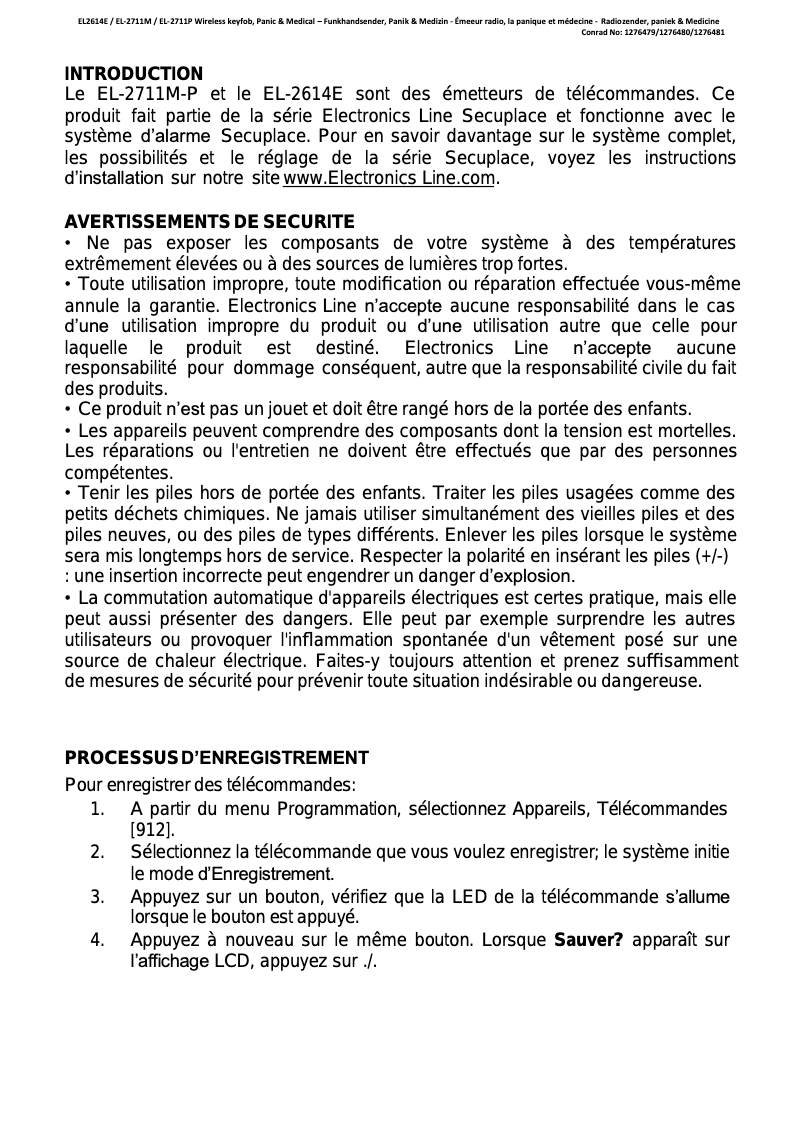 Page n°1 - Manuel utilisateur Electronics Line EL-2614E