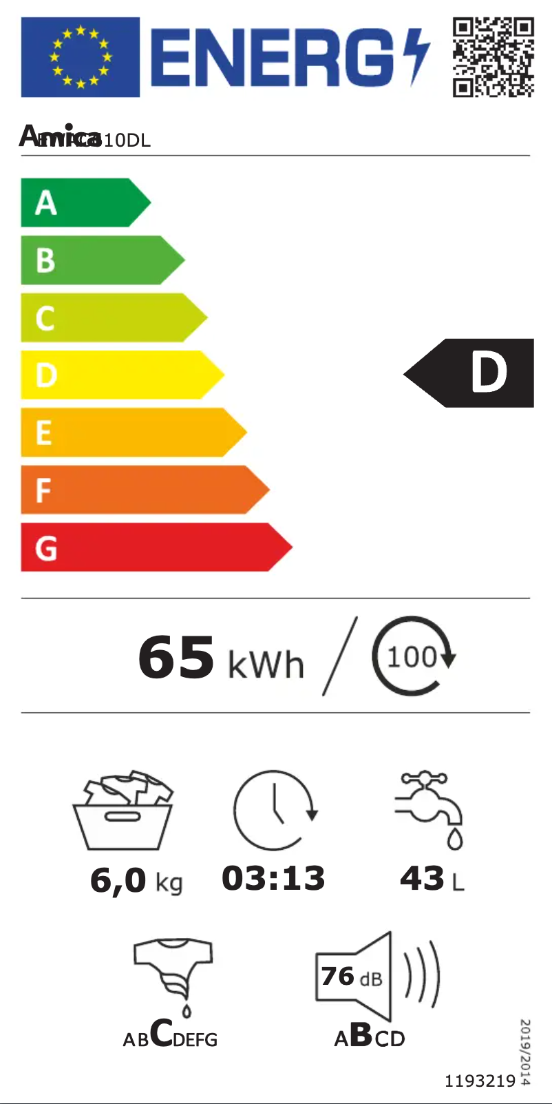 Page n°1 - Label énergétique Amica EWAC610DL