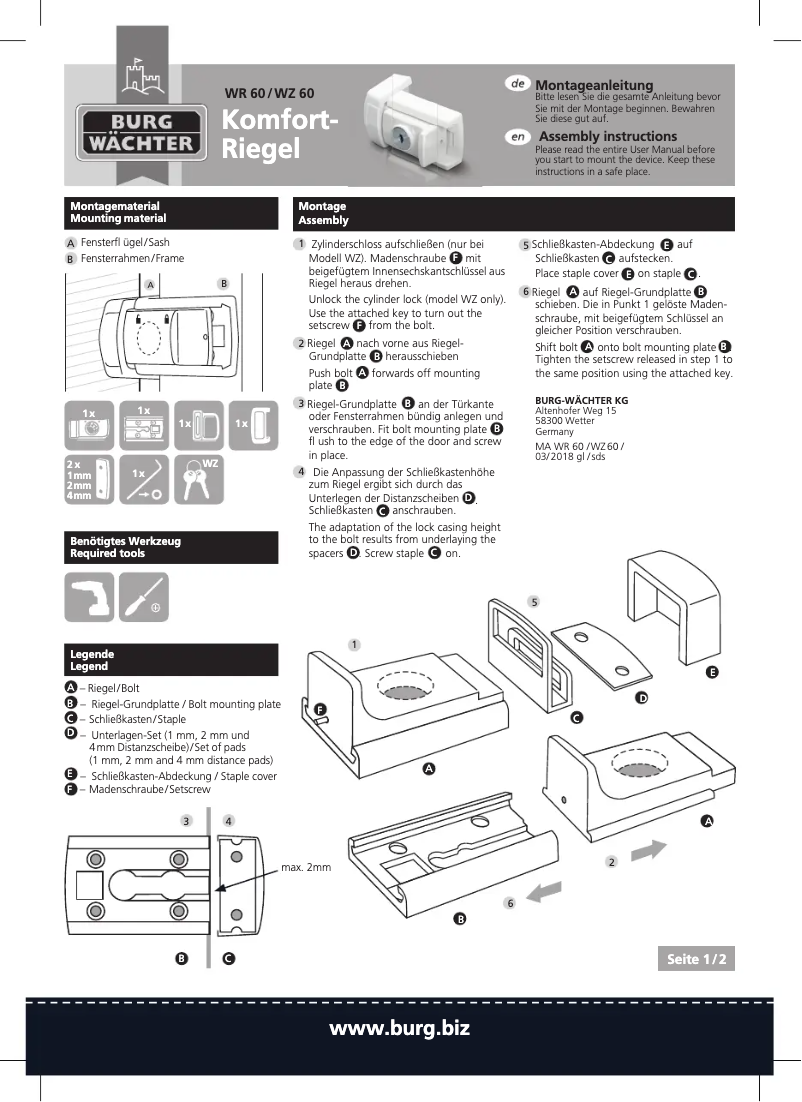 Page 1 de la notice Manuel utilisateur Burg Wächter WinSafe WR 60