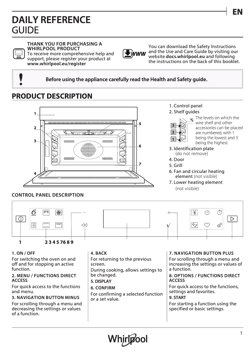 Page 1 de la notice Manuel d'utilisation et d'entretien Whirlpool W7 ME450