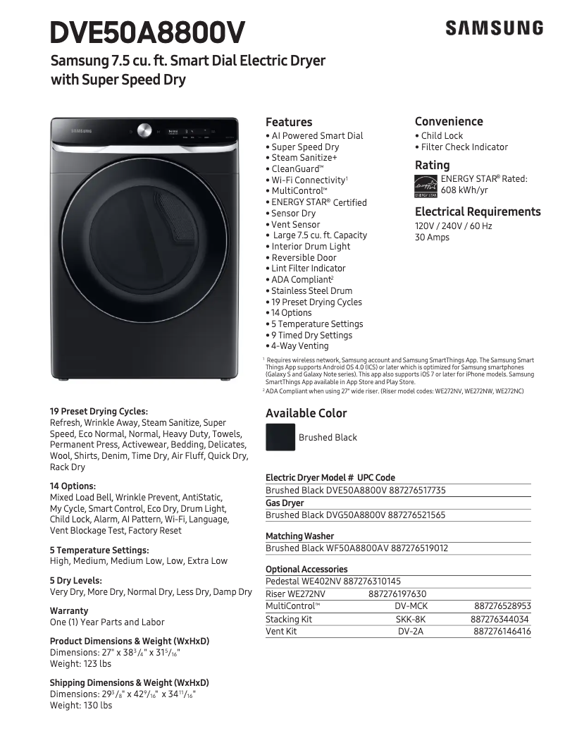 Página 1 del manual Ficha técnica Samsung DVE50A8800V