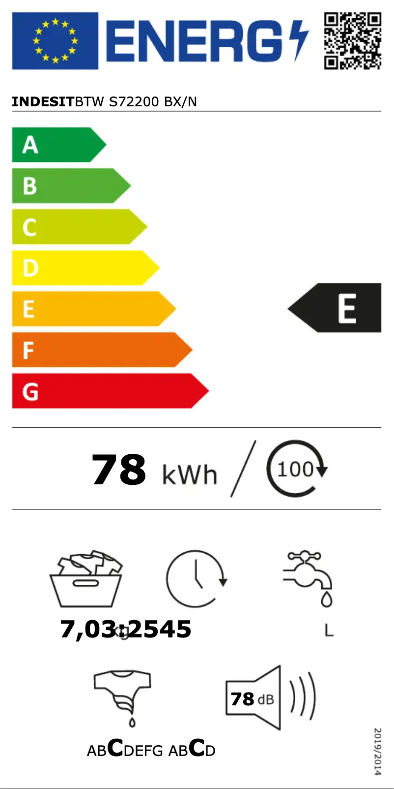 Page n°1 - Label énergétique Indesit BTW S72200 BX/N