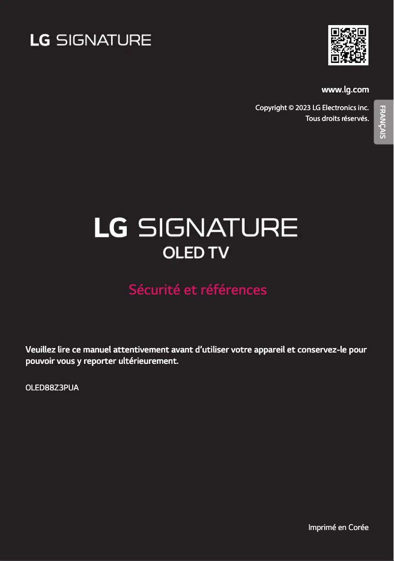 Page 1 de la notice Manuel utilisateur LG OLED88Z3PUA