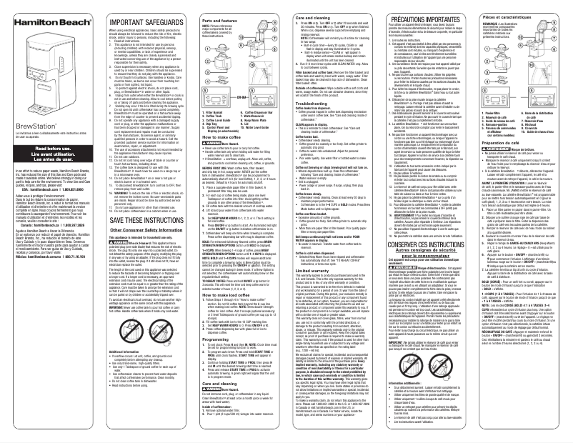 Page n°1 - Manuel d'utilisation et d'entretien Hamilton Beach BrewStation 48464