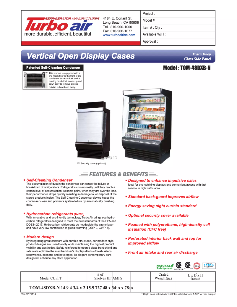 Page 1 de la notice Fiche technique Turbo air TOM-48-DX