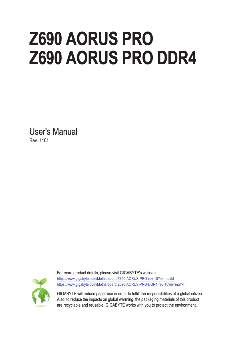 Page 1 de la notice Manuel utilisateur Gigabyte Z690 Aorus Pro DDR4