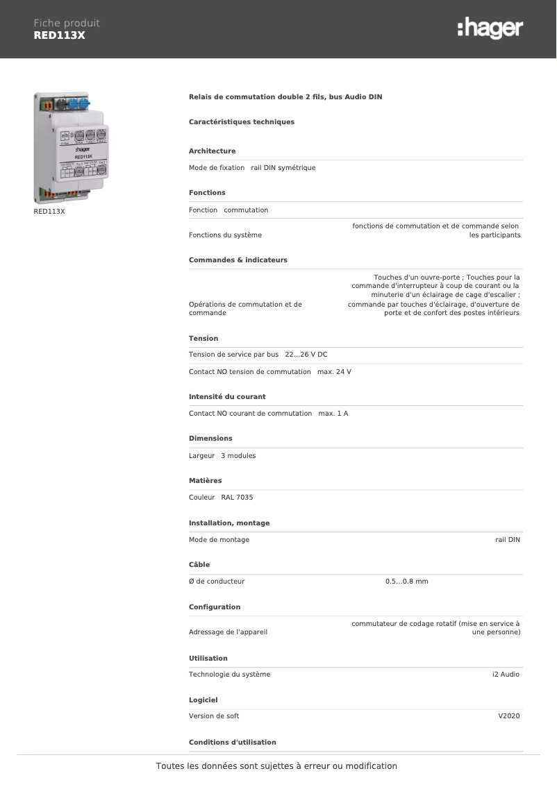 Page n°1 - Fiche technique Hager RED113X