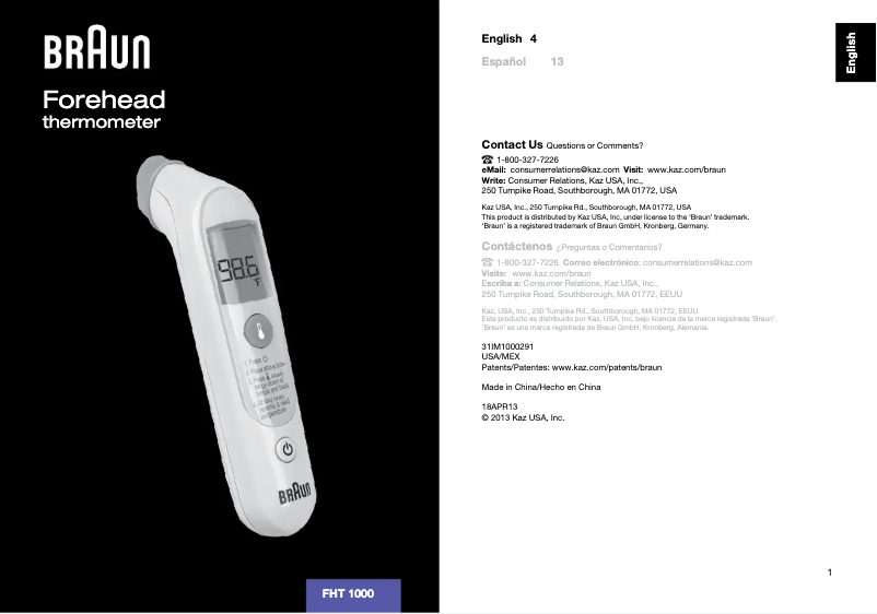 Page n°1 - Manuel utilisateur Braun Forehead FHT1000