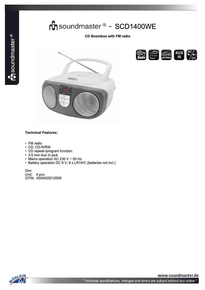 Page 1 de la notice Fiche technique Soundmaster SCD1400