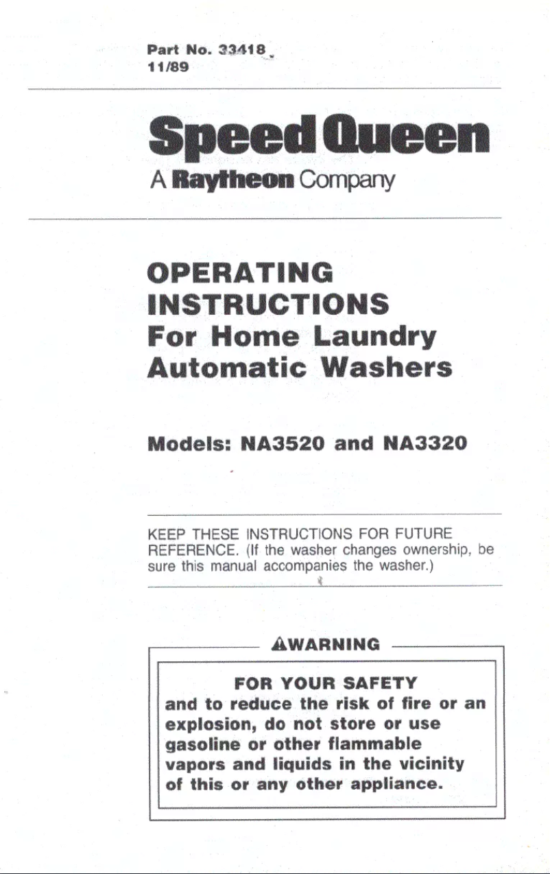 Page 1 de la notice Manuel utilisateur Speed Queen NA3320W