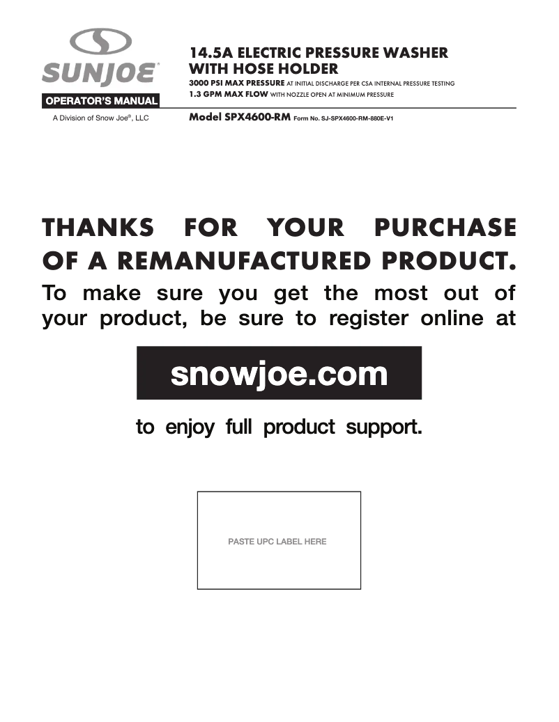 Page 1 de la notice Manuel utilisateur Sun Joe SPX4600-RM