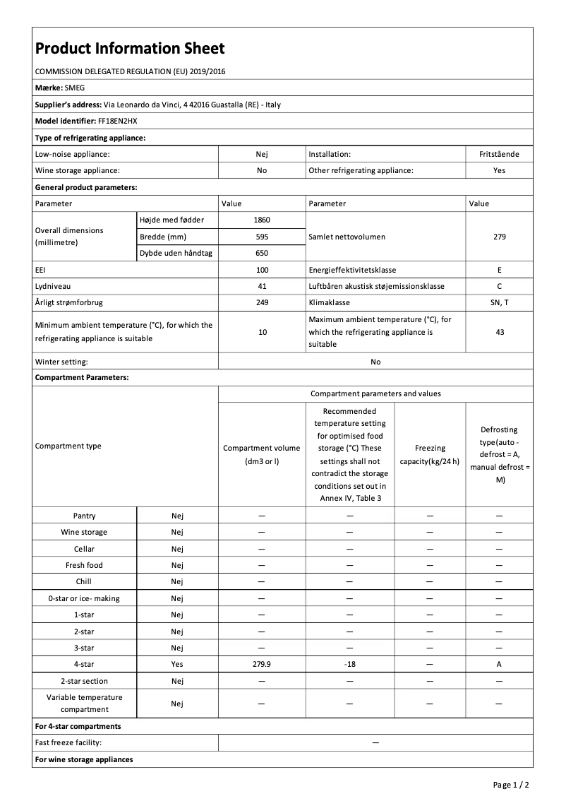 Page n°1 - Fiche technique Smeg FF18EN2HX