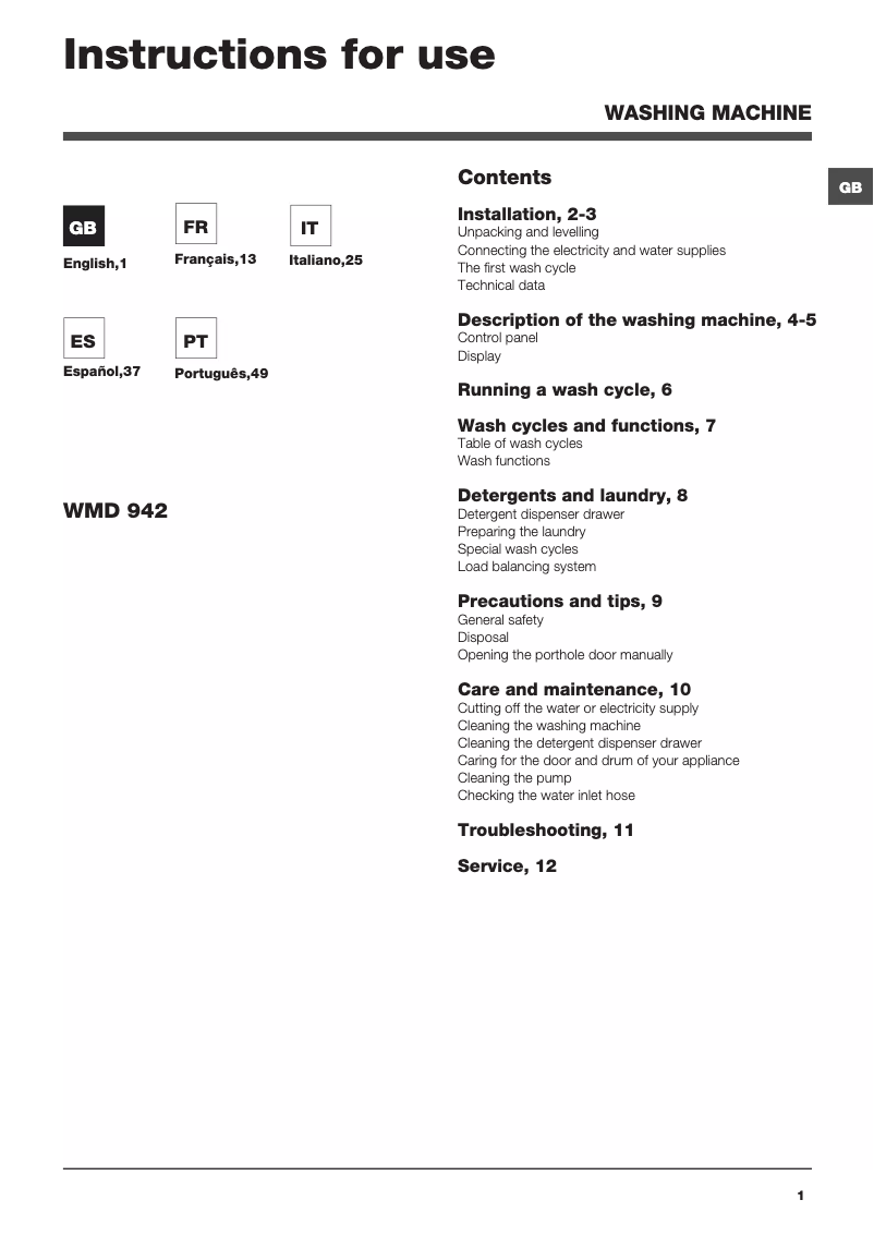 Page 1 de la notice Manuel utilisateur Hotpoint Ariston WMD 942K