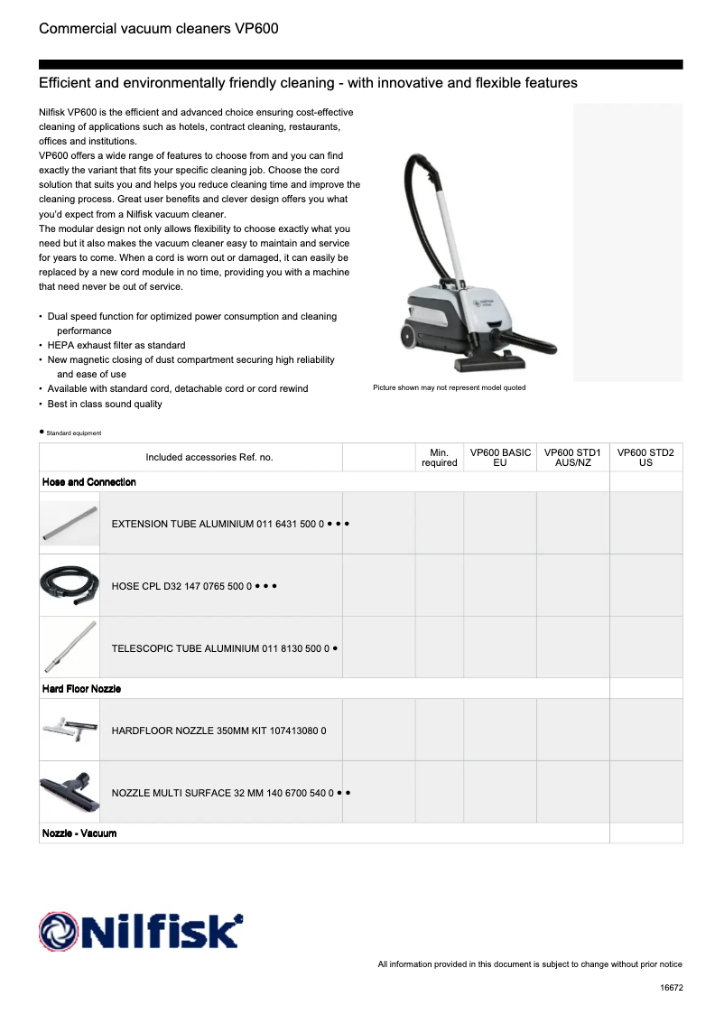 Page 1 de la notice Fiche technique Nilfisk VP600