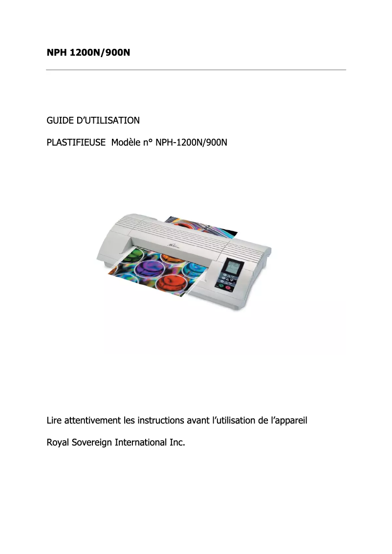 Page n°1 - Manuel utilisateur Royal Sovereign NPH-900N