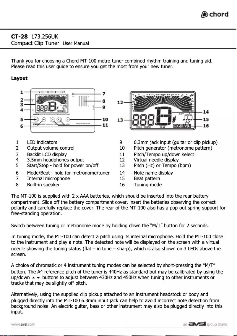 Page 1 de la notice Manuel utilisateur Chord MT-100