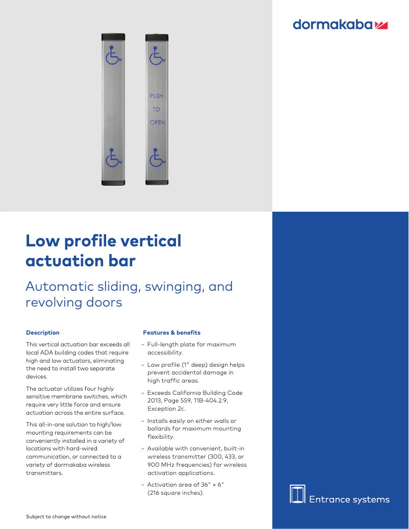 Page n°1 - Manuel utilisateur Dormakaba Low Profile Vertical Actuation Bar