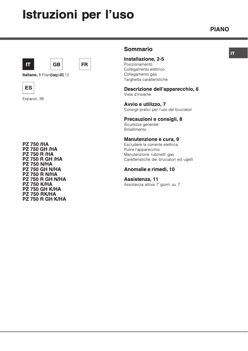 Page n°1 - Manuel utilisateur Hotpoint Ariston PZ 750 K (IX) /HA