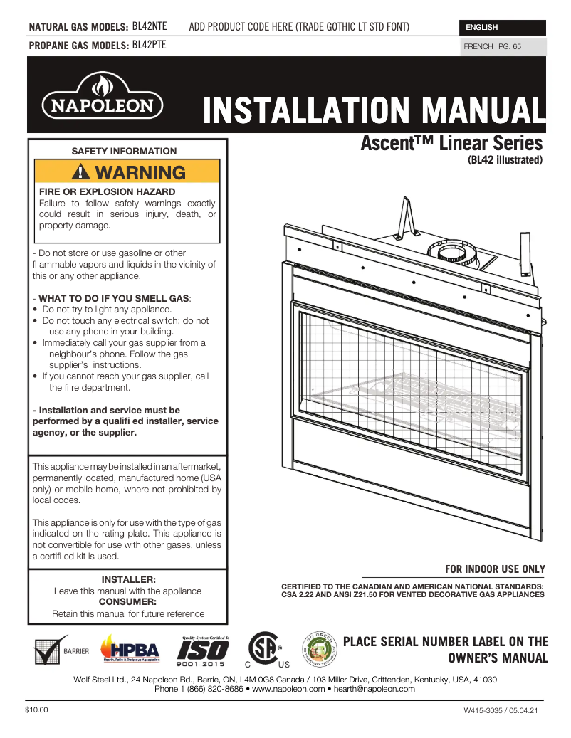 Page n°1 - Manuel utilisateur Napoleon Ascent Linear 42