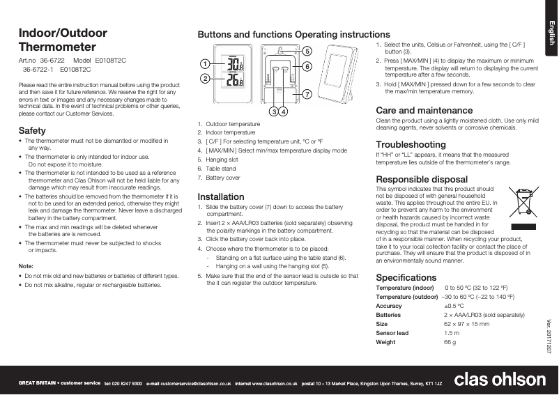 Page 1 de la notice Manuel utilisateur Clas Ohlson E0108T2C