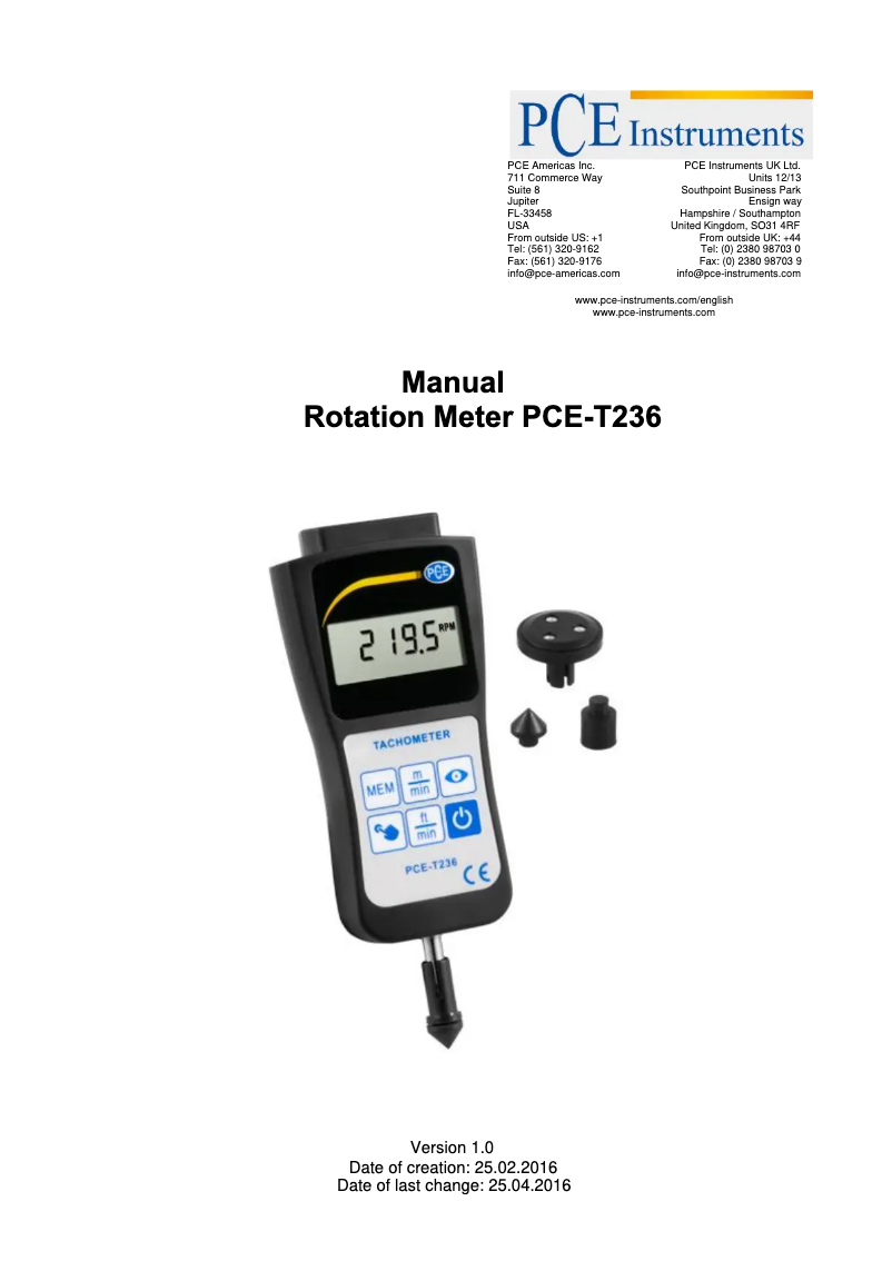 Page 1 de la notice Manuel utilisateur PCE Instruments PCE-T236