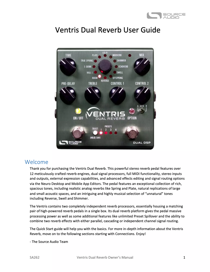 Page 1 de la notice Manuel utilisateur Source Audio Ventris Dual Reverb