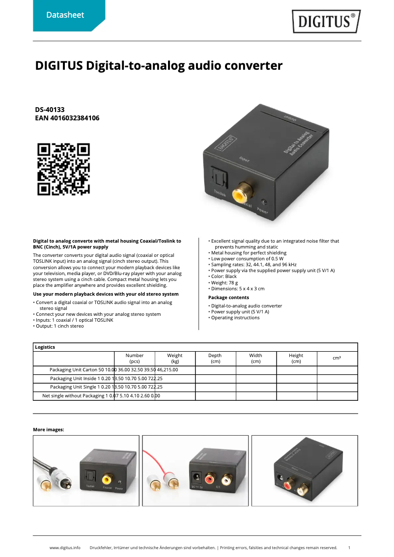 Page 1 de la notice Fiche technique Digitus Digital to Analog Audio Converter DS-40133
