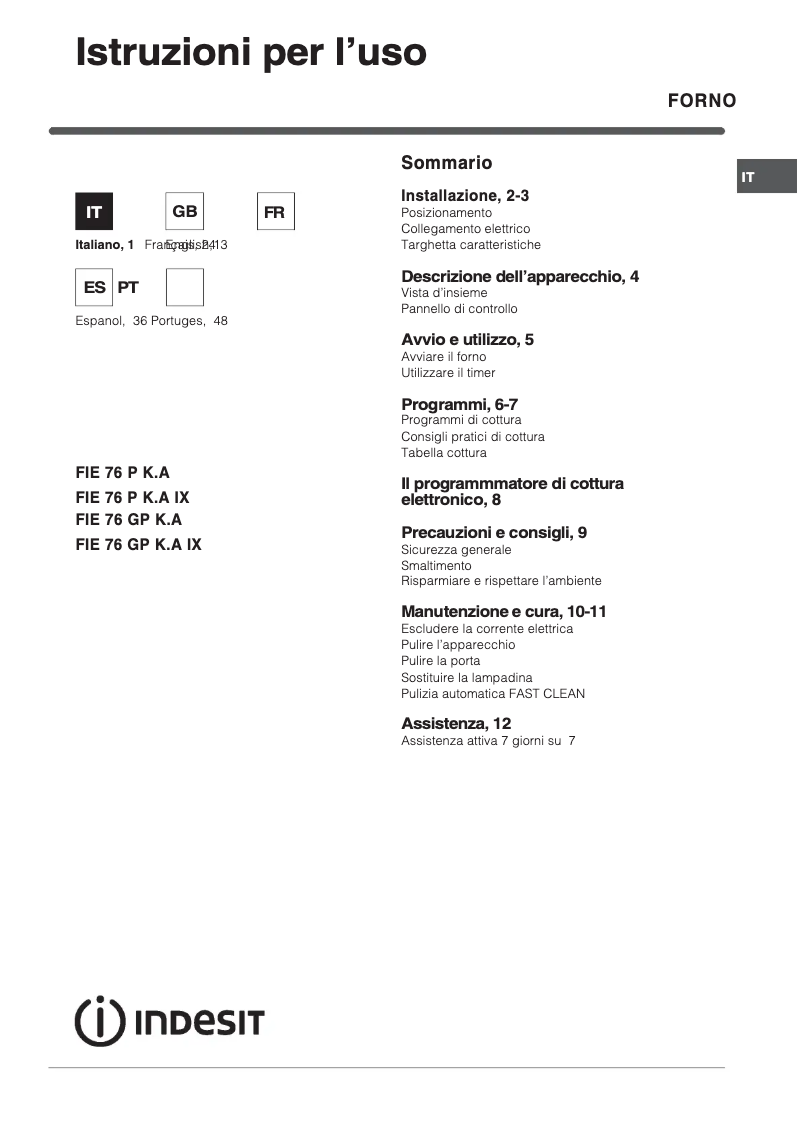 Page n°1 - Manuel utilisateur Indesit FIE 76 GP K.A (BK)
