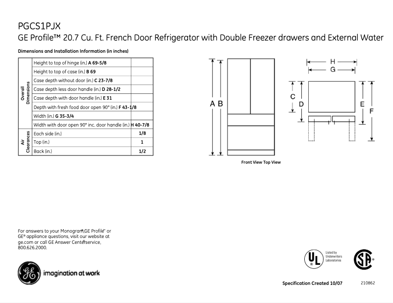 Page 1 of the manual Technical Sheet GE PGCS1PJXSS