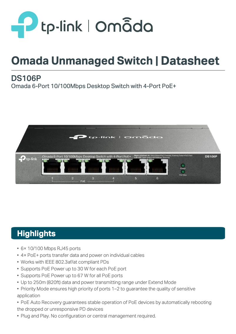 Page 1 de la notice Fiche technique TP-Link Omada DS106P