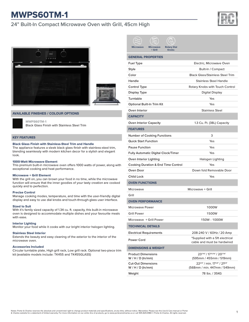 Page 1 de la notice Fiche technique Porter & Charles MWPS60TM-1