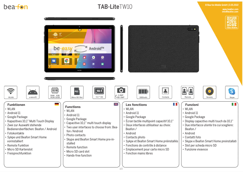 Page n°1 - Manuel utilisateur Bea-fon TAB Lite TW10
