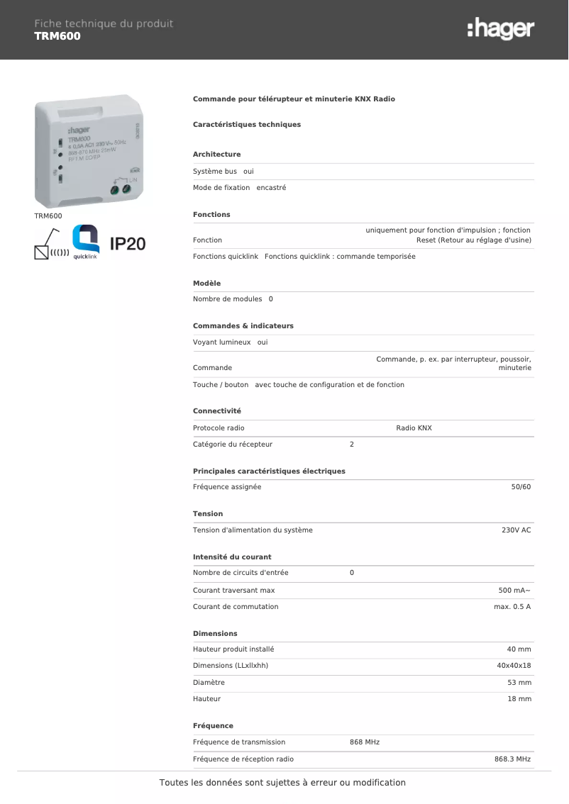 Page 1 de la notice Fiche technique Hager TRM600