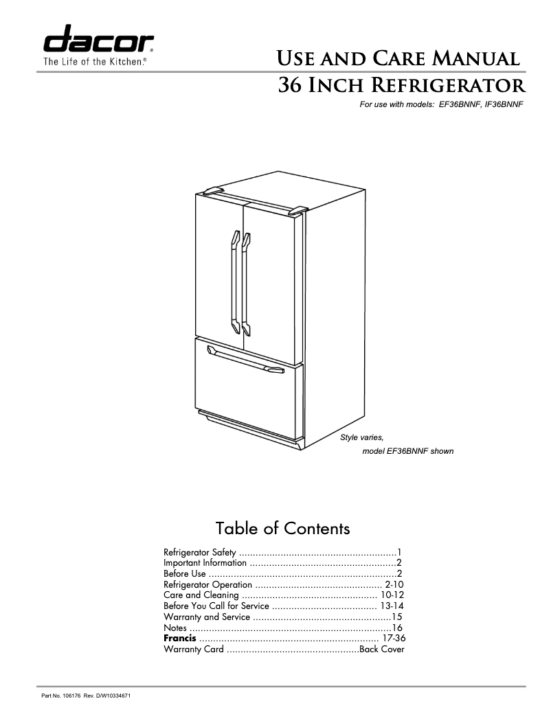 Page 1 de la notice Manuel utilisateur Dacor IF36BNNFSF