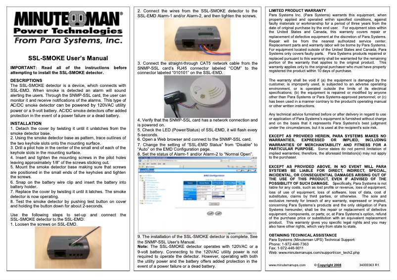 Page 1 de la notice Manuel utilisateur Minute Man SSL-SMOKE