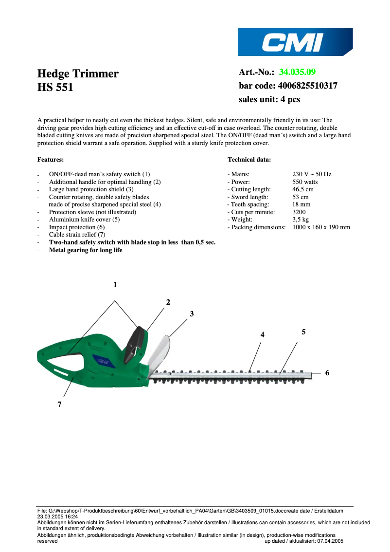 Page n°1 - Fiche technique CMI HS 551