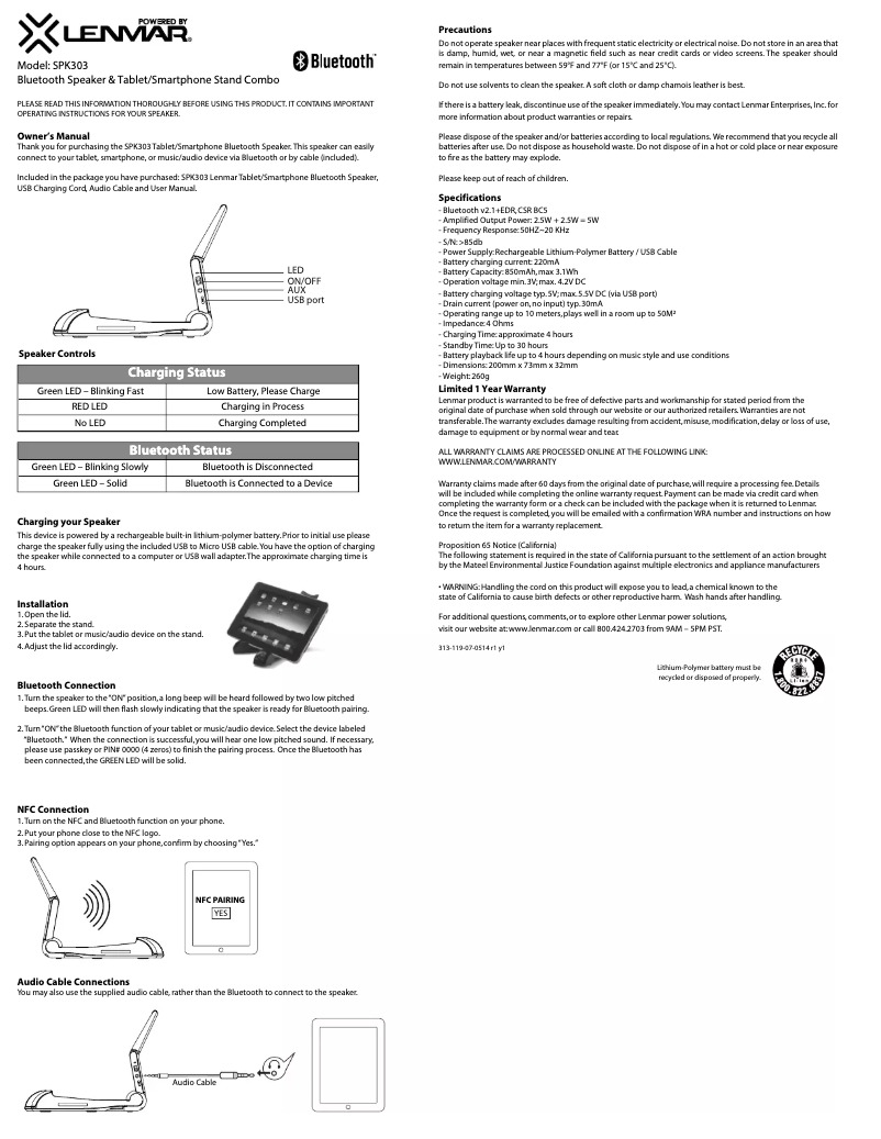 Page 1 de la notice Manuel utilisateur Lenmar SPK303
