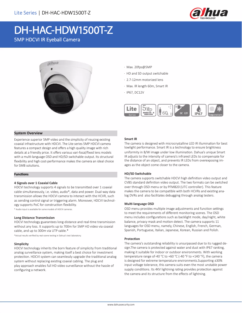 Page 1 de la notice Fiche technique Dahua Technology HAC-HDW1500T-Z
