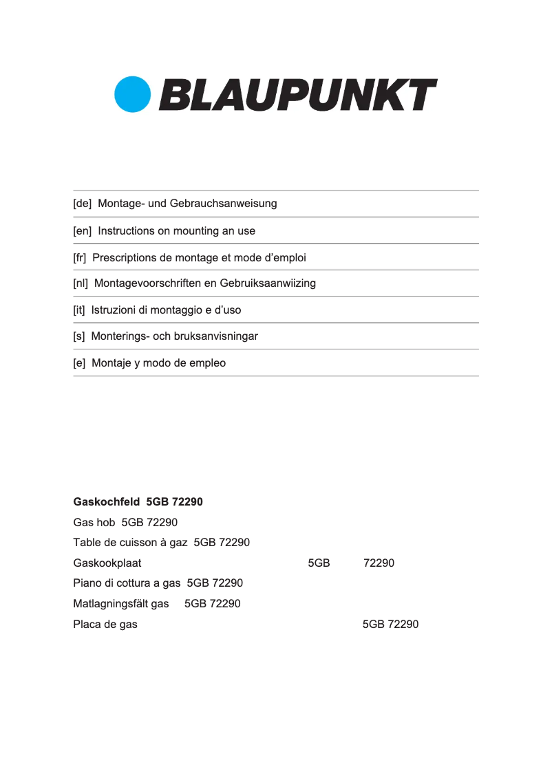 Page n°1 - Guide d'installation Blaupunkt 5GB72290IN