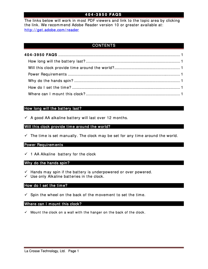 Page 1 de la notice FAQ La Crosse Technology 404-3950