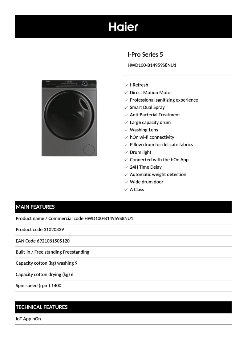 Page 1 de la notice Fiche technique Haier HWD100-B14959S8NU1